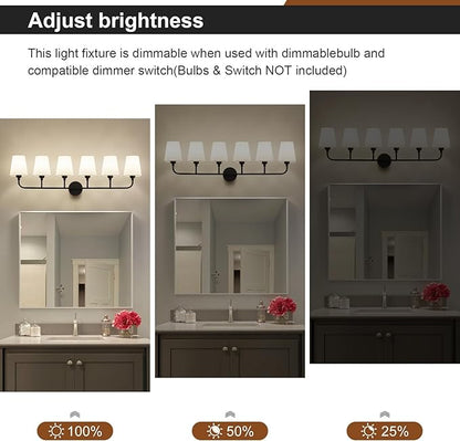 Bathroom Vanity Light, Matte Black Bathroom Light Fixtures, 6-Light Lighting Fixtures Over Mirror, Modern Wall Sconce with Flared White Fabric Shade, E26 Socket(ETL Listed)