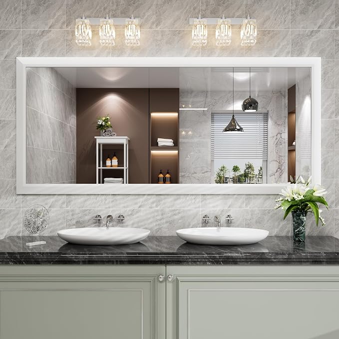 Bathroom Mirror for Wall, 72x32 Inch (White) | HD Reflection, Tempered Glass, Thick Metal Framed Rectangle Mirrors for Over Sink, Vanity, Bedroom, Living Room, Entryway
