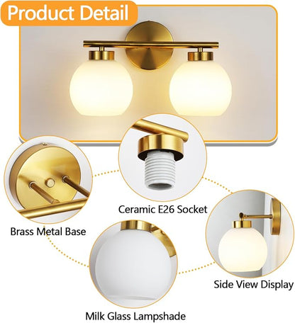 2 Light Bathroom Vanity Light, Gold Bathroom Light Fixtures Over Mirror, Mid Century Modern Wall Sconce with Frosted Globe Glass Shades, Brass Vanity Light, E26 Socket