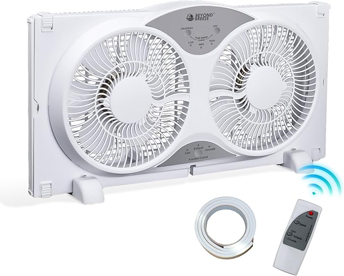 BEYOND BREEZE Window Fan Reversible Airflow, 9" Dual Window Fan with 3-Speed 3 Modes (Cool, Circulate, Exhaust), Remote Control Twin Window Fan 23.5" to 37" Adjustable Width for Bedroom, Kitchen, Home