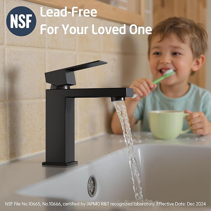 KES Black Bathroom Faucet Single Handle & Bathroom Sink Drain with Overflow, cUPC Certified Vanity Faucet with Pop Up Drain Stopper Stainless Steel Matte Black, L3156ALFF12-BK-C2