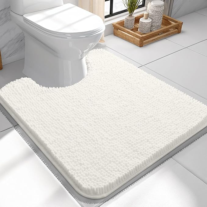 OLANLY Toilet Rugs U-Shaped 24x24, Soft Absorbent Chenille Contour Rugs | Ivory, Quick-Drying Rubber Backing, Machine Washable Non-Slip Shaggy Bathroom Mat for Toilet, Home Decor Accessories