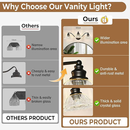 Redluck Vintage Bathroom Vanity Light Fixture, 3-Light Bathroom Lighting Fixtures Over Mirror, Matte Black Finish with Crystal Glass Shade, Wall Sconces Lighting for Bedroom, Living Room, Hallway
