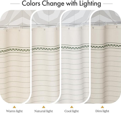 AmazerBath Boho Shower Curtain, Modern Farmhouse Shower Curtain Set with Tassels, Rustic Faux Linen Green Striped Shower Curtain with Hooks, Light Tan Toned, 72x72 Inches