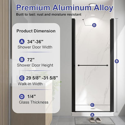 34"-36" W x 72" H Frameless Pivot Shower Door Matte Black | 1/4"(6mm) SGCC Tempered Glass with Explosion-Proof Film &Nano Coating,Customizable Width