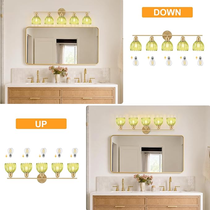 Bathroom Light Fixtures, 5-Light Brushed Gold Vanity Lights for Bathroom with Green Tulip Glass Shade, 30" Vintage Bathroom Vanity Lighting Fixtures Over Mirror for Bedroom Living Room Hallway