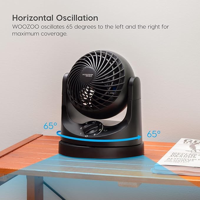 IRIS USA WOOZOO Desk Fan, Oscillating Table Air Circulator, 3 Speeds, 32ft Max Air Distance, 112° Adjustable Tilt, 27.5db Quiet Motor, Small Fan for Bedroom, Office, Dorm, Black