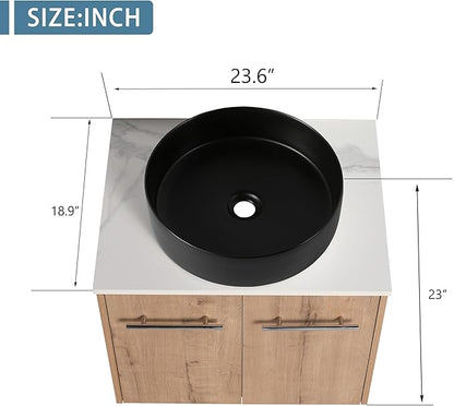 24" Floating Vanity with Sink, 24 Inch Bathroom Vanity with Sink, Modern Plywood Floating Cabinet with Sintered Stone Countertop and Black Ceramic Basin, Soft Close Doors