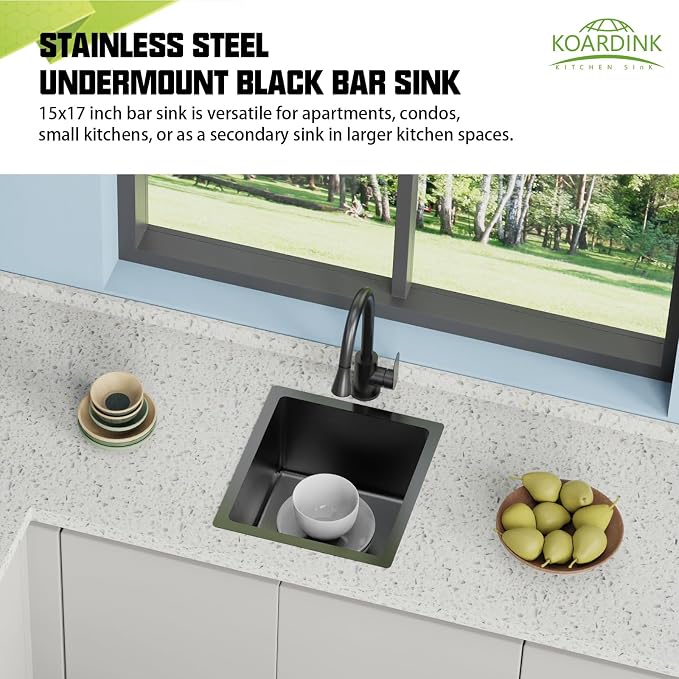 Black 15x17 In Undermount Kitchen And Bar Sink- Stainless Steel Single Bowl Kitchen Sink Modern Drop In Bar Sink With Silicon Mat,Drain Strainer Set Compatibility With Various Kitchen & Bar Style
