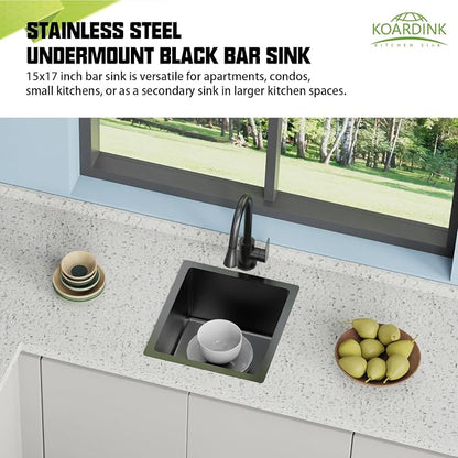Black 15x17 In Undermount Kitchen And Bar Sink- Stainless Steel Single Bowl Kitchen Sink Modern Drop In Bar Sink With Silicon Mat,Drain Strainer Set Compatibility With Various Kitchen & Bar Style