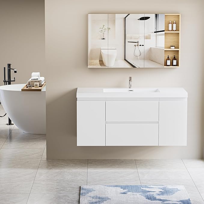 48 Inch Floating Bathroom Vanity with Single Sink, Modern Wall-Mounted Bathroom Vanity Storage Cabinet Organizer with 2 Soft Closing Doors and 2 Drawers (White)