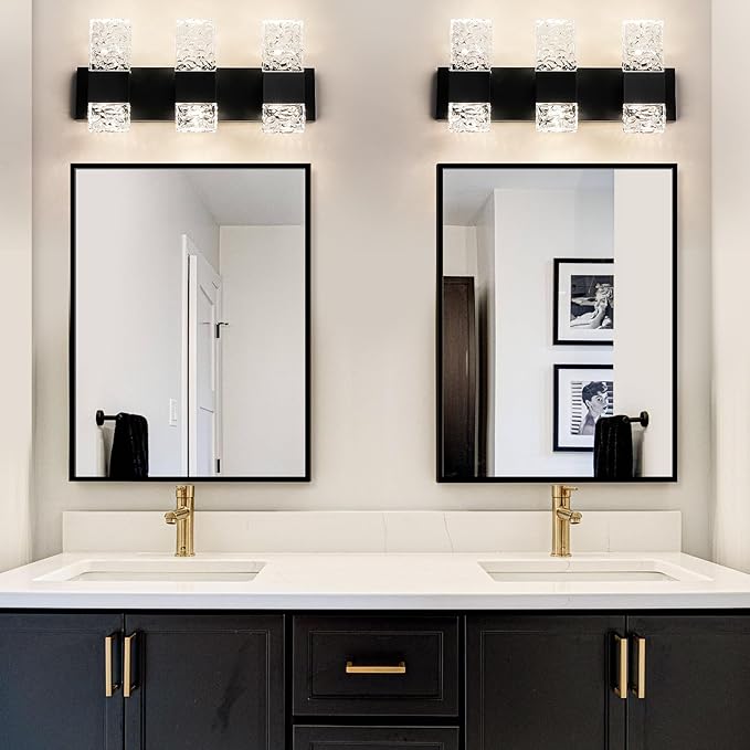 Modern Bathroom Lights - Bathroom Light Fixtures Over Mirror 30W Dimmable Crystal Wall sconces 3 Lights Black Brushed Hardwired Wall Lights 4000K LED Bathroom Vanity Light Fixtures