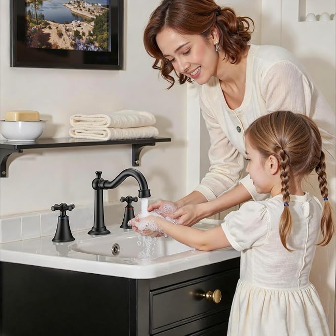 Hurran 8 Inch Widespread Bathroom Sink Faucet Matte Black, 3 Hole 2 Cross Handles Classic Vintage Antique Faucet with Metal Pop Up Drain and Supply Hoses for Vanity, RV, Farmhouse