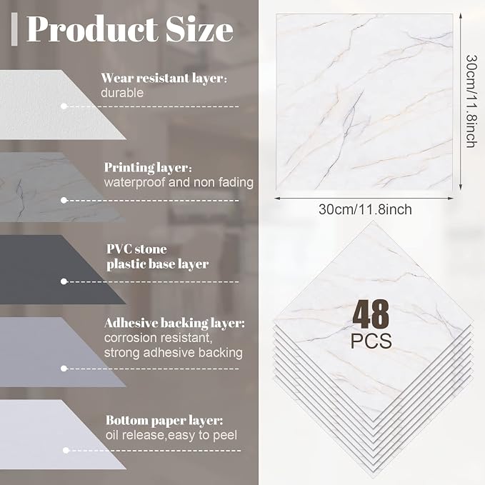 Spiareal 48 Pieces Peel and Stick Floor Tiles Vinyl Flooring 12 x 12 Inch Stick on Floor Tile Self Adhesive Waterproof DIY for Bathroom Kitchen Bedroom Living Room(Brief)