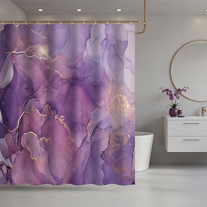 Purple Marble Shower Curtain Lavender Gold Modern Abstract Ombre Watercolor Ink Art Bathroom Curtains Waterproof Polyester Fabric Bath Curtain 72 x 72 Inch with 12 Hooks