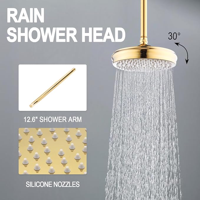 Enga Antique Dual Shower Head Faucet Set - 8" Ceiling Mount Rain Shower & 6" Wall-Mounted Vintage Rainfall + Handheld Spray Combo, Bright Gold