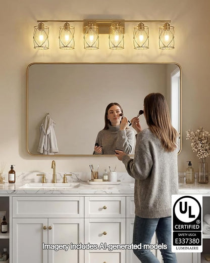 6-Light Brushed Gold Bathroom Light Fixtures Over Mirror, 42" UL-Listed Modern Wall Sconce Lights with Clear Glass and Metal Cage for Bath, Hardwire E26, CH9176BG-6W