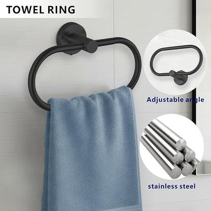 Bathroom Hardware Set Includes Towel Ring, Toilet Paper Holder and 2 Towel Hooks, SUS304 Stainless Steel Modern Wall-Mounted Bathroom Set, Rustproof Bathroom Fitting Set (Black)