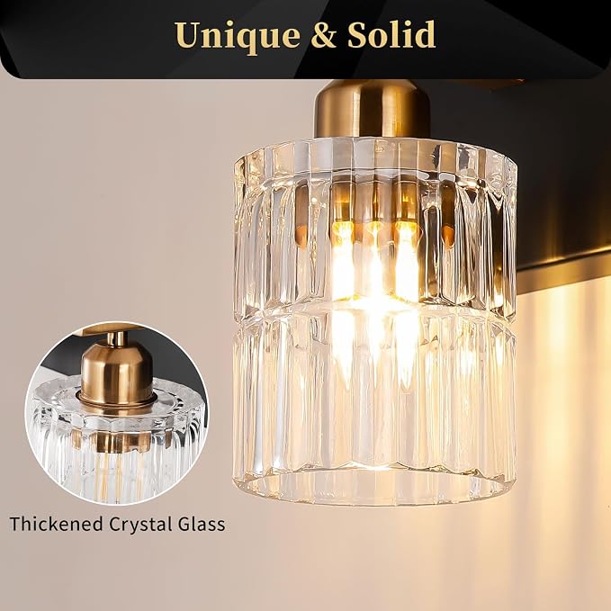 OCIOC 5-Light Black and Gold Bathroom Light Fixtures Over Mirror, Modern Brushed Gold Vanity Lights for Bathroom, Sconces Wall Lighting with Glass Shade for Mirror Bedroom Hallway
