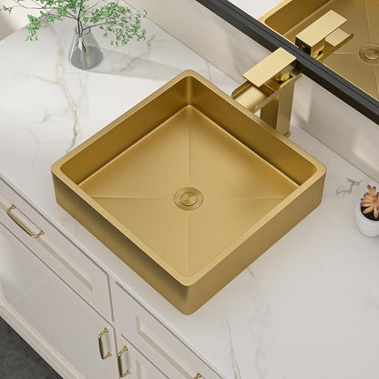 Dcolora 15 In. Gold Drop In Bathroom Vessel Sink for Vanity, 16 Gauge Stainless Steel Sink with Drain Assembly, 15"D x 15"W x 4"H #DC-VS261202