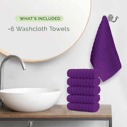 Elegant Comfort 100% Turkish Cotton Corduroy Ribbed Luxury Washcloths 6 Pack Soft 13 x 13 Inch - Higly Absorbent, Durable, Quick Dry, Spa Premium Hotel Quality for Bathroom or Travel, Purple