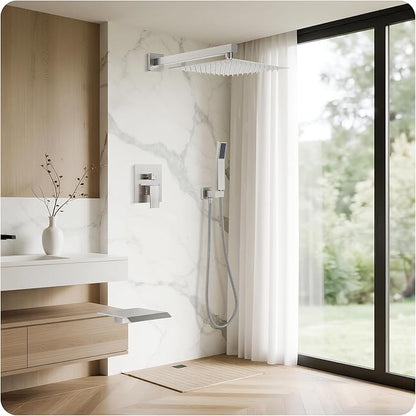 Brushed Nickel Shower Faucet Set, 10 inch Rain Shower System w/Pressure Balance Valve, Wall Mounted 2-Functions Bathroom Shower Systems w/Rain Shower and Handheld Spray Shower Trim Included