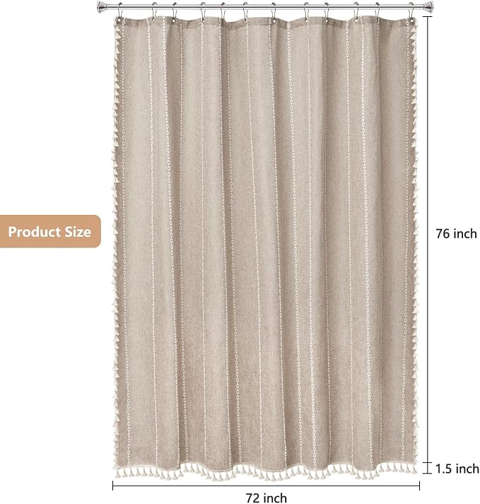 Seenus Boho Farmhouse Shower Curtain Heavyweight with Tassels, 72 x 76 Inch Extra Long Taupe Linen Textured Fabric Shower Curtain for Bathroom, Tan and White Striped Bath Décor Curtain Water Repellent