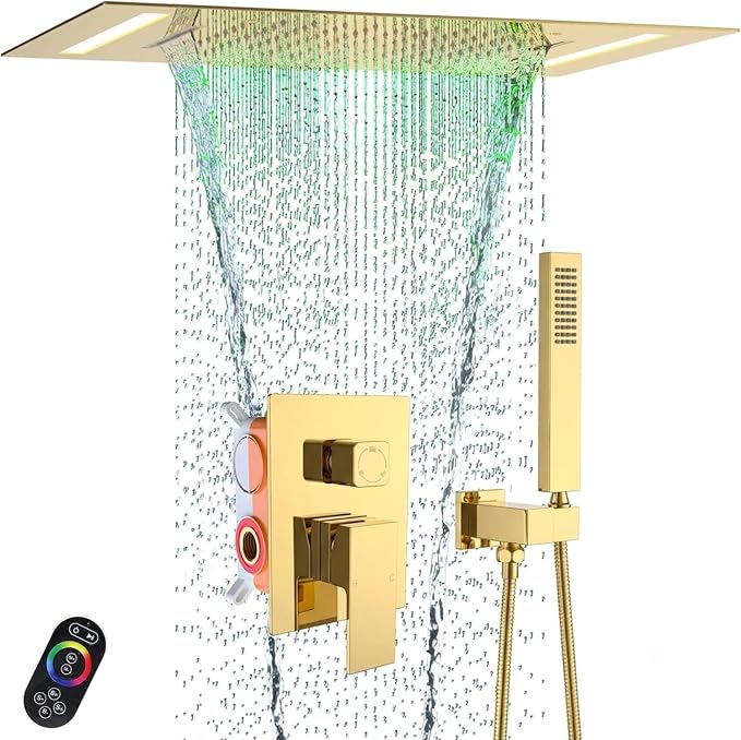 LED Spa Shower System Rainfall Waterfall Polished Gold | 20x14-Inch Luxury 2 Modes Showerhead with Handheld, Ligh t with Remote Control, 3 Way Mixer Valve