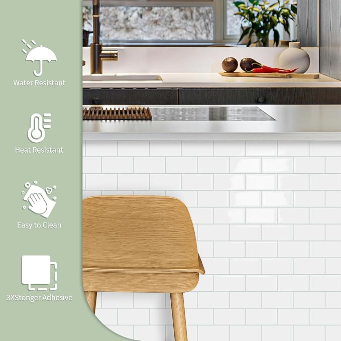 10-Sheet Thick Peel and Stick Kitchen Backsplash Tiles | 3D Subway Waterproof Self-Adhesive Wall Tile Stick on Backsplash for Kitchen and Bathroom(White Blue Grout, 12.6"×10.6")