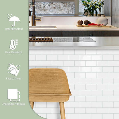10-Sheet Thick Peel and Stick Kitchen Backsplash Tiles | 3D Subway Waterproof Self-Adhesive Wall Tile Stick on Backsplash for Kitchen and Bathroom(White Blue Grout, 12.6"×10.6")