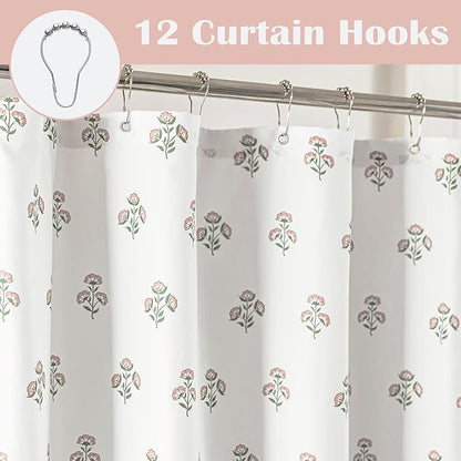 Pink Cute Floral Shower Curtain,Vintage Cottage Core Shabby Chic Fabric Pretty Boho Flower Pattern Girly Shower Curtains for Girls Bathroom,72x72,Light Pink and Green White
