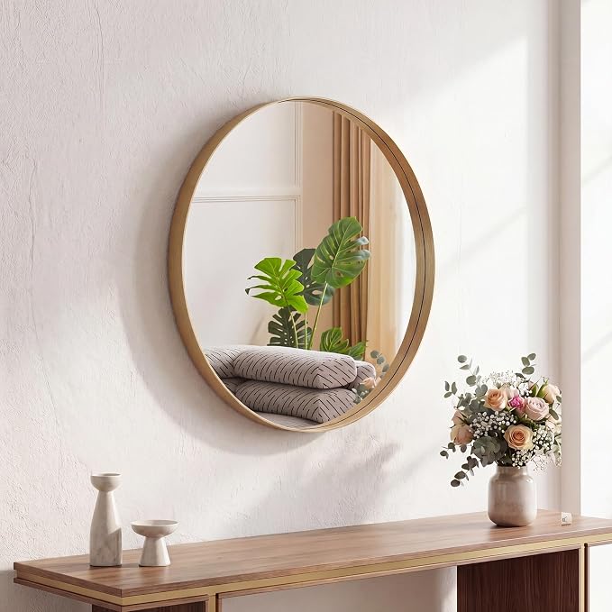 Sweetcrispy Round Bathroom Wall Mirror, Circle Vanity Mirror, 20 Inch | Matte Metal Frame, Over Sink Home Decor, Living Room Bedroom Entryway Style, Gold