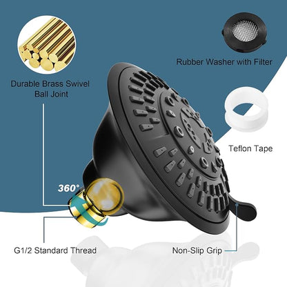 BRIGHT SHOWERS High Pressure Rain Shower Head, Fixed Shower Head with 5 Spray Settings, Adjustable Angle and Anti-Clog Nozzles, Matte Black