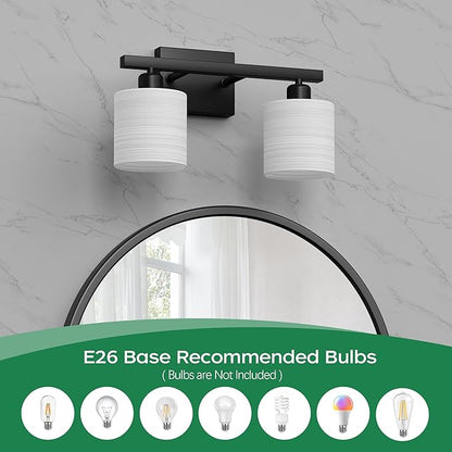 PARTPHONER Bathroom Light Fixtures, Bathroom Lighting Fixtures Over Mirror, Interior Classic Vanity Lights, Modern Vanity Light with Textured White Glass Shade, Matte Black, 2-Light