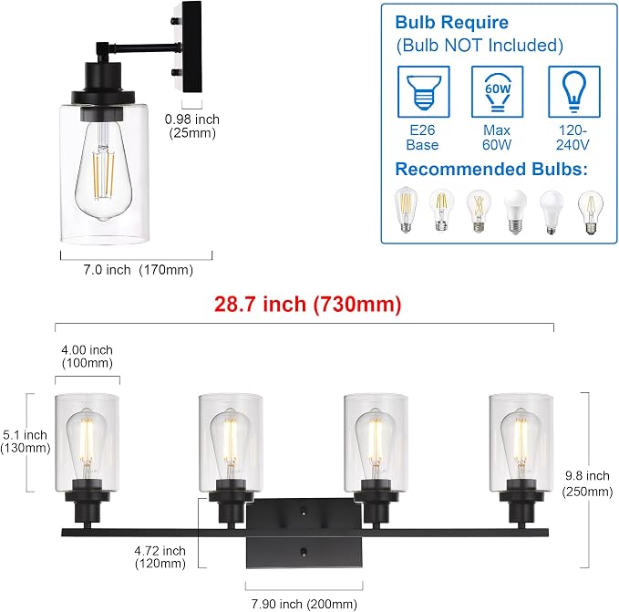 MELUCEE 4 Lights Sconces Wall Lighting Black with Clear Glass Shade | Industrial Bathroom Light Fixtures Vanity Lights Porch Light Fixtures Wall Mount (Patent No.: US D963914 S)