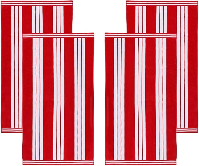 Superior Oversized Cotton Beach Towel Set of 4, Absorbent Towels for Bathroom, Beach, Pool, Swim, Adults, Kids, Vacation, Travel, Bath Sheet, Quick Dry Basics, Trip Essentials, Striped Decor, Red