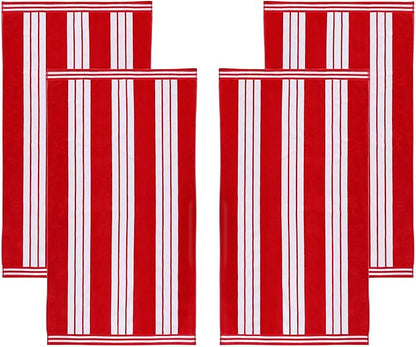 Superior Oversized Cotton Beach Towel Set of 4, Absorbent Towels for Bathroom, Beach, Pool, Swim, Adults, Kids, Vacation, Travel, Bath Sheet, Quick Dry Basics, Trip Essentials, Striped Decor, Red