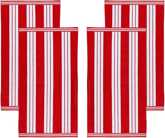 Superior Oversized Cotton Beach Towel Set of 4, Absorbent Towels for Bathroom, Beach, Pool, Swim, Adults, Kids, Vacation, Travel, Bath Sheet, Quick Dry Basics, Trip Essentials, Striped Decor, Red