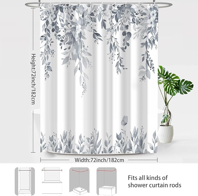 Light Grey Floral Eucalyptus Shower Curtain with Hooks, 72x72 Inch | Waterproof Fabric, Watercolor Leaves and Floral, Botanical Style, Machine Washable, Quick-Drying, for Hotel Bathroom