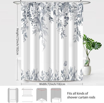 Light Grey Floral Eucalyptus Shower Curtain with Hooks, 72x72 Inch | Waterproof Fabric, Watercolor Leaves and Floral, Botanical Style, Machine Washable, Quick-Drying, for Hotel Bathroom