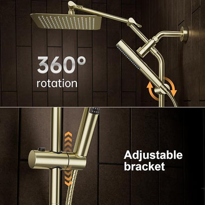 Veken All Metal 10" Luxurious Brushed Gold Rain Shower Head with Handheld | Dual High Pressure Shower Heads,Double Detachable Showerhead, Square Adjustable Rainfall,Bathroom Upgrade,Best Showerheads