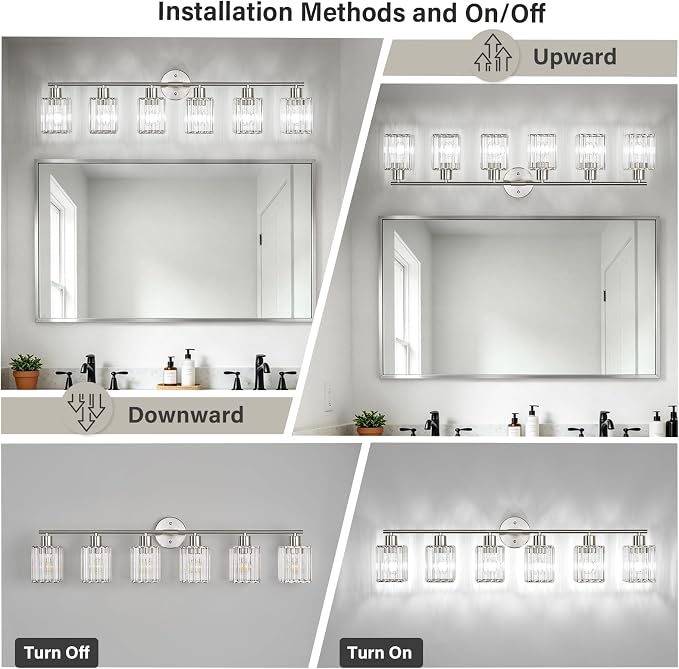 6 Light Bathroom Light Fixtures, Modern Crystal Vanity Lights over Mirror | Metal Frame, Bathroom Light with Square Crystal Shade, ETL Certified, E26 Ceramic Socket, Bulbs Not Included