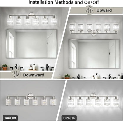 6 Light Bathroom Light Fixtures, Modern Crystal Vanity Lights over Mirror | Metal Frame, Bathroom Light with Square Crystal Shade, ETL Certified, E26 Ceramic Socket, Bulbs Not Included