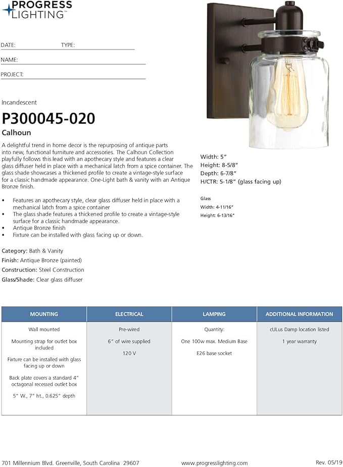 Progress Lighting P300045-020 Calhoun Collection Clear Glass Farmhouse Bath Vanity Light, 1 Light, Antique Bronze