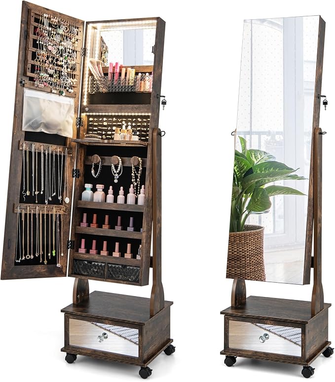 CHARMAID Rolling Jewelry Armoire with Full Length Mirror, Lockable Standing Jewelry Cabinet Organizer with Wheels & 3-Color Lights, Mirror with Jewelry Storage, Drawers & Shelves (Rustic Brown)