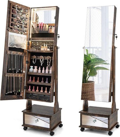 CHARMAID Rolling Jewelry Armoire with Full Length Mirror, Lockable Standing Jewelry Cabinet Organizer with Wheels & 3-Color Lights, Mirror with Jewelry Storage, Drawers & Shelves (Rustic Brown)
