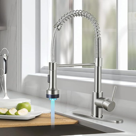 DJS Kitchen Faucets with Pull Down Sprayer Brushed Nickel LED Light Single Handle 1 or 3 Holes Spring Kitchen Sink Faucet with Deck Plate for Farmhouse RV Vessel Basin