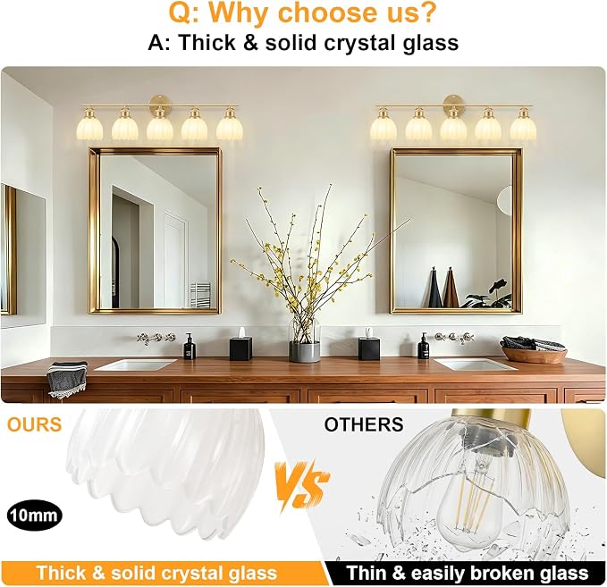 Bathroom Light Fixtures, 5-Light Brushed Gold Vanity Lights for Bathroom with White Tulip Glass Shade, 30" Vintage Bathroom Vanity Lighting Fixtures Over Mirror for Bedroom Living Room Hallway