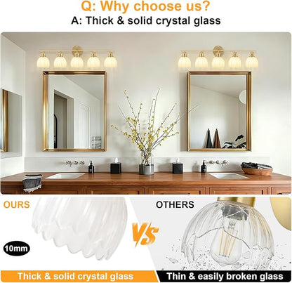 Bathroom Light Fixtures, 5-Light Brushed Gold Vanity Lights for Bathroom with White Tulip Glass Shade, 30" Vintage Bathroom Vanity Lighting Fixtures Over Mirror for Bedroom Living Room Hallway