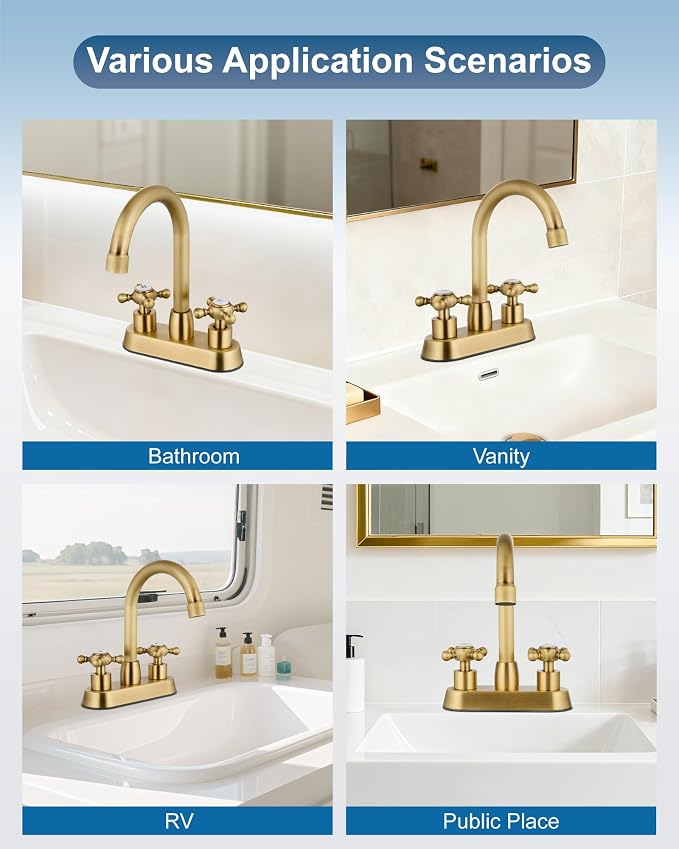 Antique Brass 4 Inch Centerset Bathroom Faucet, Vintage Bathroom Faucet | Lead-Free SUS304 Stainless Steel 4-Inch Vanity Faucet for 2 or 3-Hole Sinks, Cross Handle Design with 360° Swivel Spout